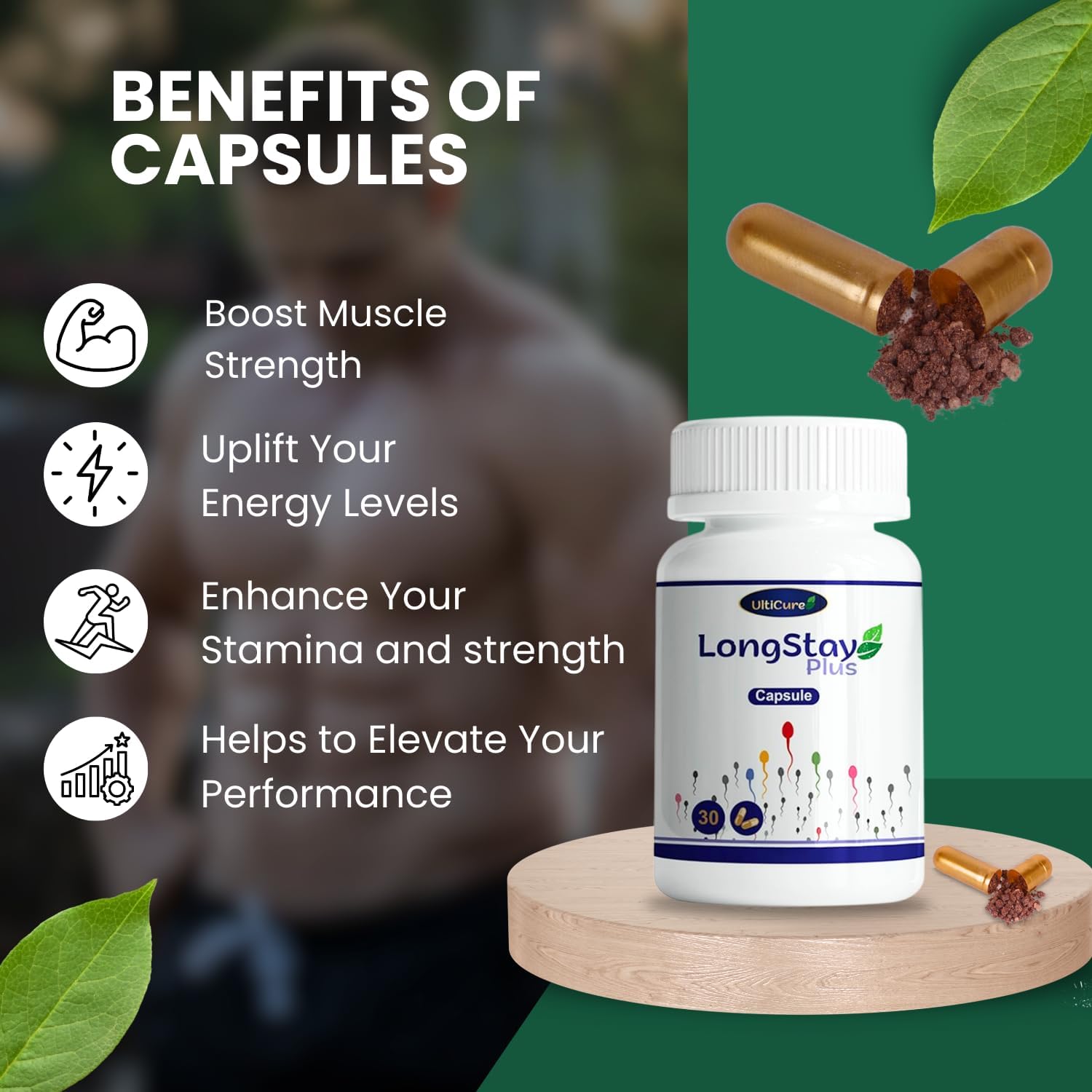 UltiCure Pure Ayurvedic Stamina Booster Capsules - Herbal Blend with Musli, Shilajit, Kavchabeej, Ashwagandha, Satavari, Vidarikand, Goukharu, Jaifal, Abhrak Bhasma - 30 Capsules, (Pack of 1)