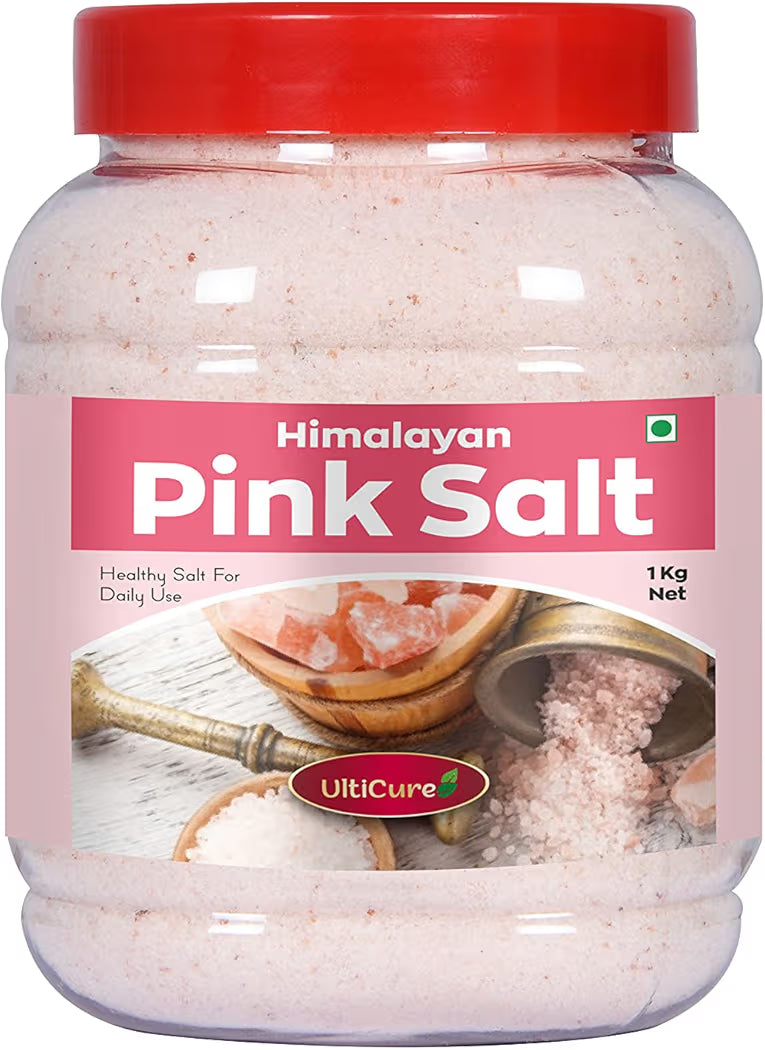 UltiCure Pink Himalayan Rock Salt Powder Jar, 1kg (Additive-Free, Signature Quality) | Premium Sendha Namak Pink Rock Salt Premium |1 kg Namak
