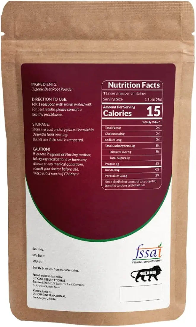 Natural Organic Beet Root Powder Super Concentrated Beetroot Circulation Food Supports Natural Energy & Stamina for Men & Women, 150 Gram